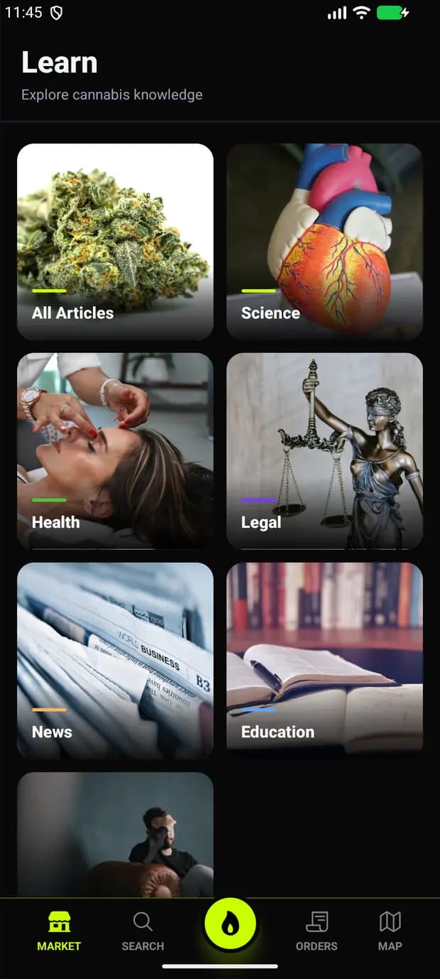 Learn section with article categories: science, health, legal, news and education.