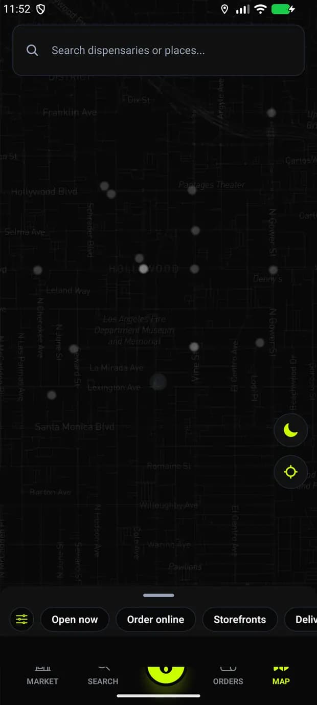 WeedVader map screen: storefronts and delivery zones around Los Angeles, with filters for open now, order online, storefronts and delivery.