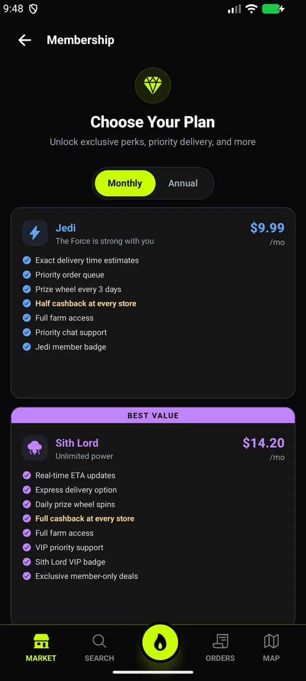 Membership plans screen with monthly and annual pricing.