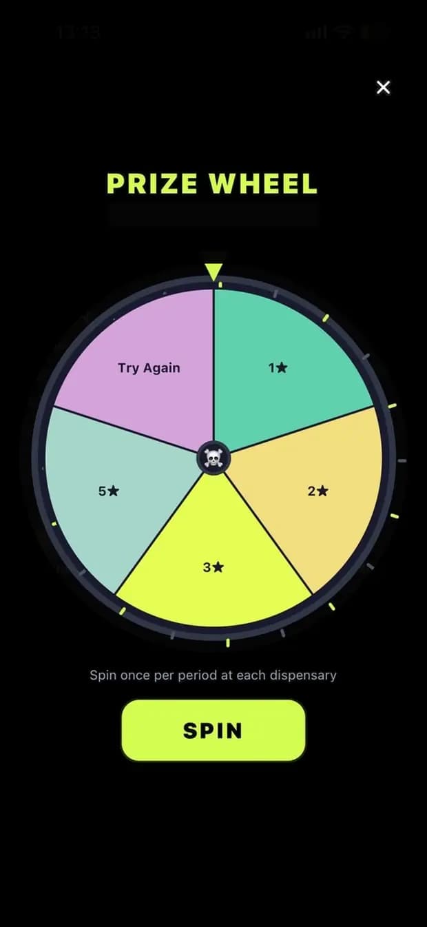 Prize wheel screen awarding stars, with one free spin per period at each dispensary.