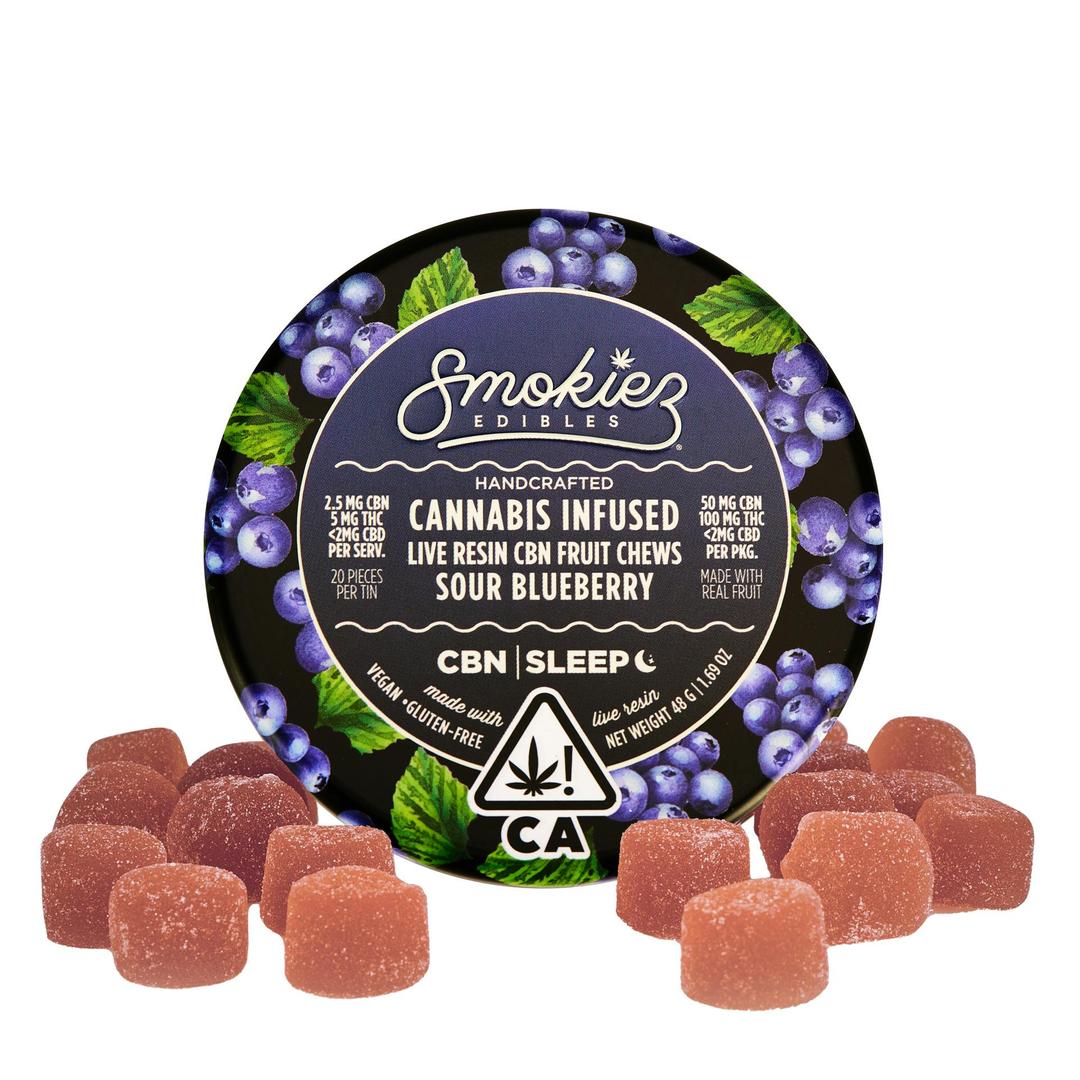 Sour Blueberry 50mg CBN : 100mg Live Resin THC 1:1 Fruit Chews - CA