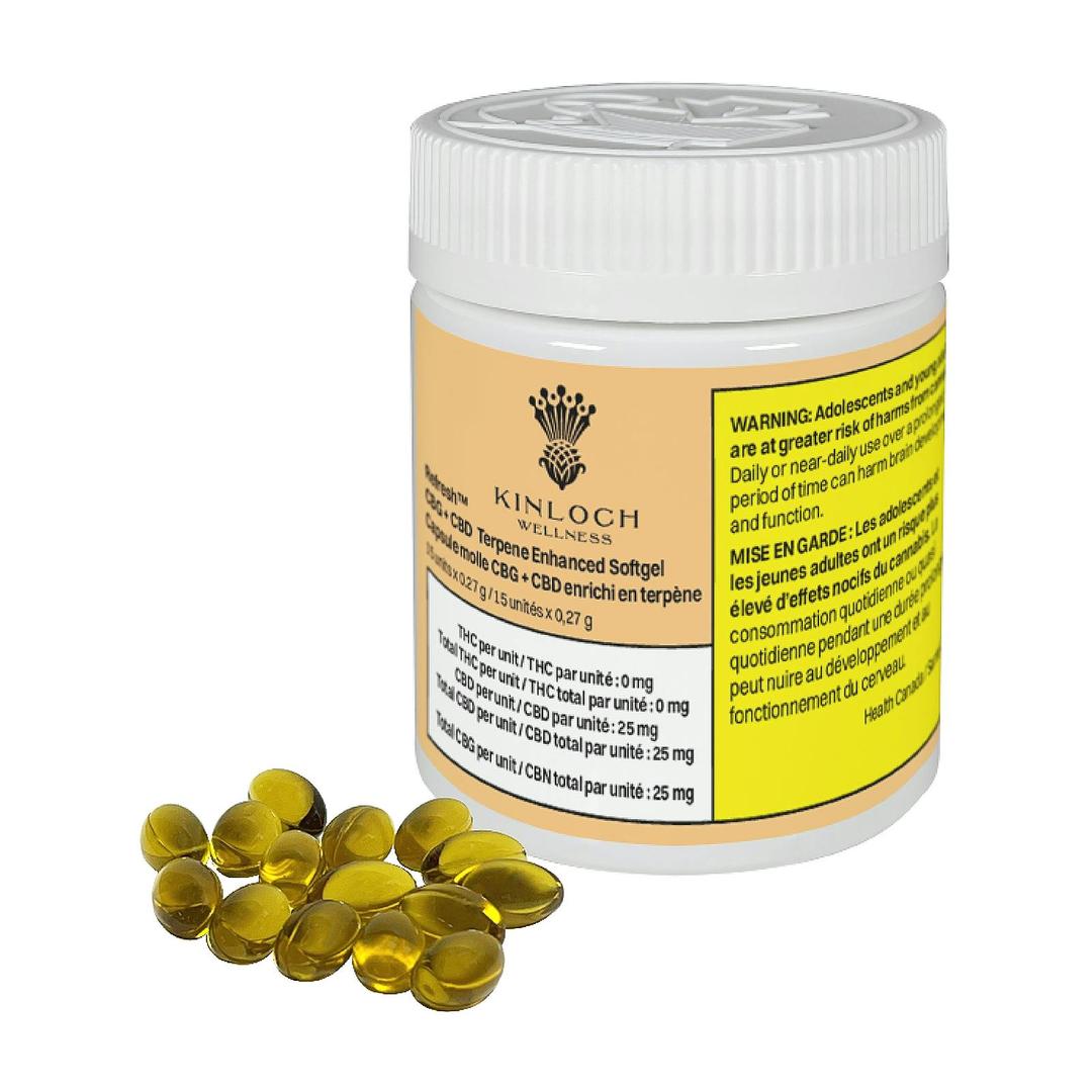 Refresh™ CBG/CBD Terpene Enhanced Softgel 30-Pack (25mg CBG/25mg CBD each)