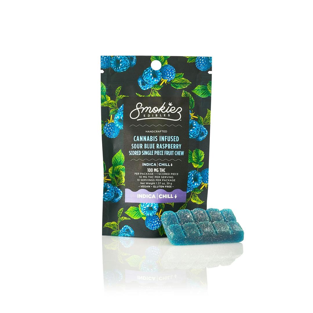 Indica Sour Blue Raspberry 100mg THC Fruit Chews - Scored Single Piece - AZ