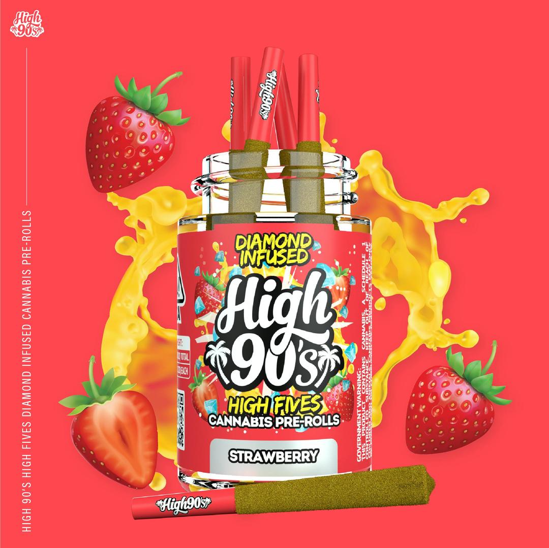 High 90s : Strawberry 0.5g High Fives Diamond Infused Pre-Rolls 5 Pack