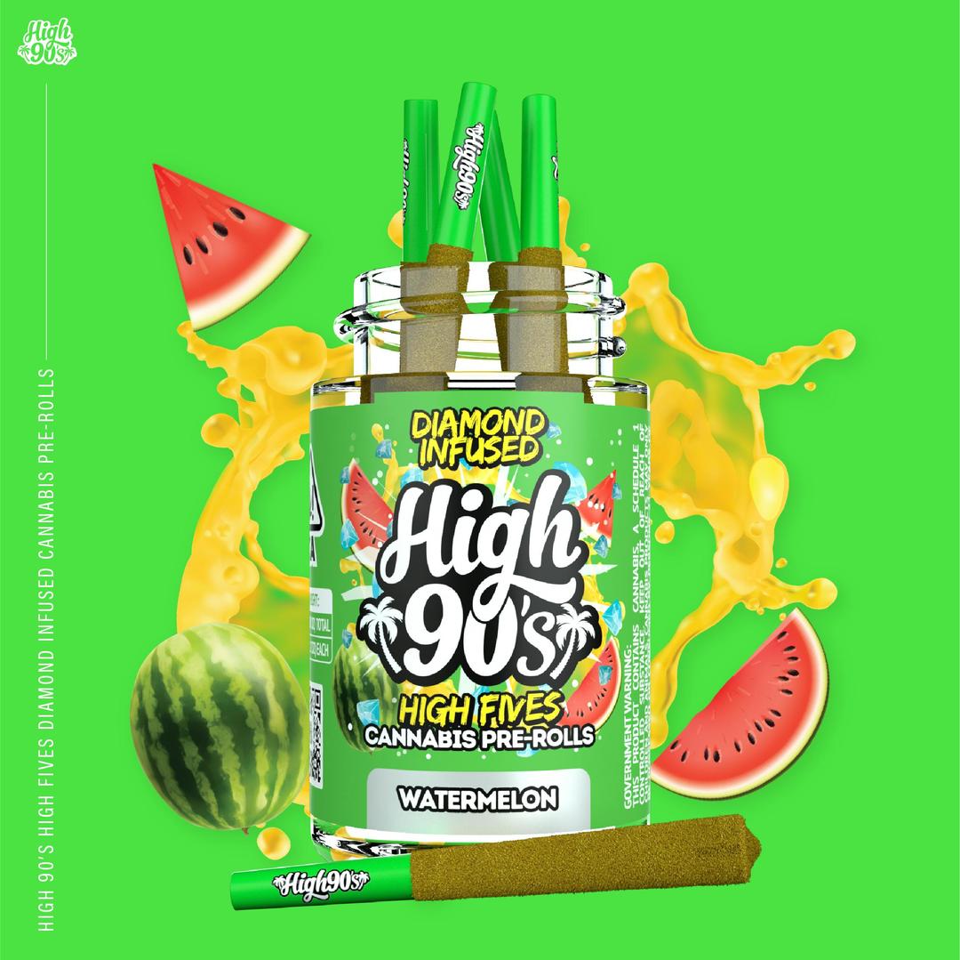 High 90s : Watermelon 0.5g High Fives Diamond Infused Pre-Rolls 5 Pack