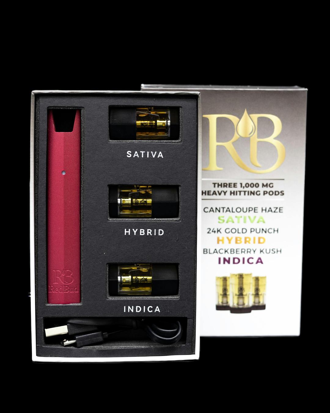 Three 1G Pods & BATTERY; Cantaloupe Haze/24K Gold Punch/Blackberry Kush