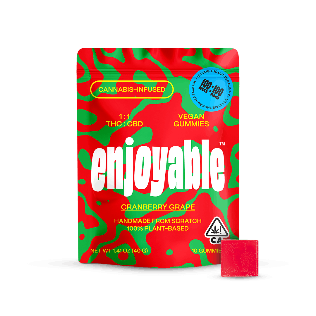 Enjoyable 1:1 THC:CBD Cranberry Grape Vegan Gummies 100mg:100mg