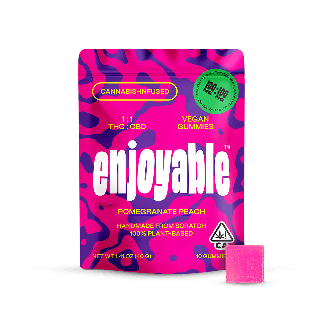 Enjoyable 1:1 THC:CBD Pomegranate Peach Vegan Gummies 100mg:100mg