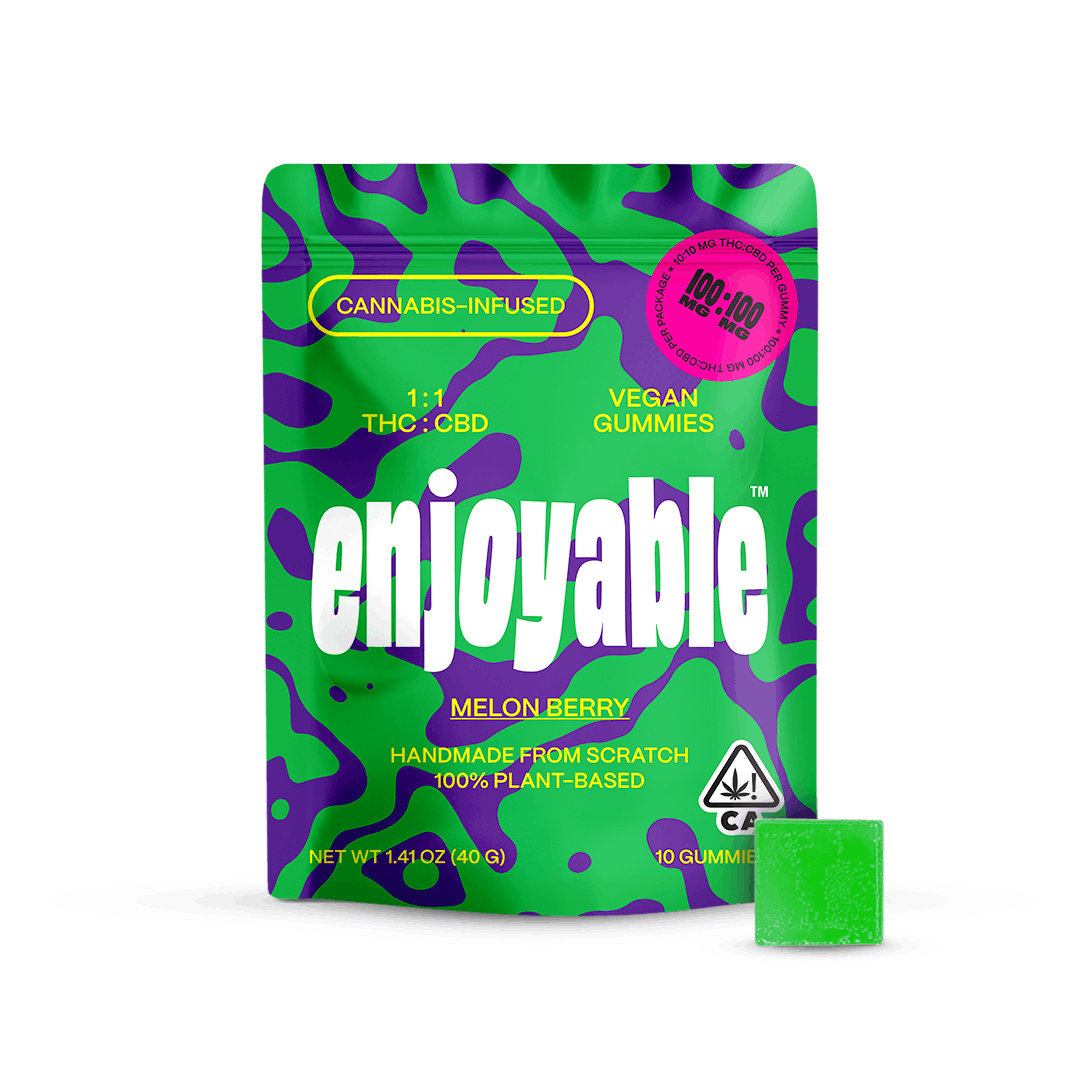 Enjoyable 1:1 THC:CBD Melon Berry Vegan Gummies 100mg:100mg