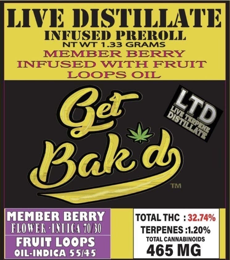 Bak'd Infused 1.33g Pre Roll (Member Berry x Fruit Loops)