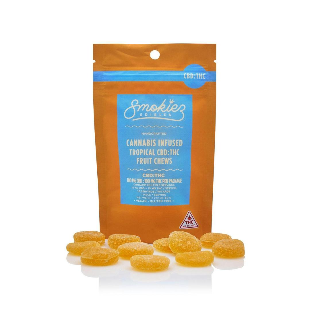 CBD:THC 1:1 Tropical Fruit100mg CBD:100mg THC Fruit Chews