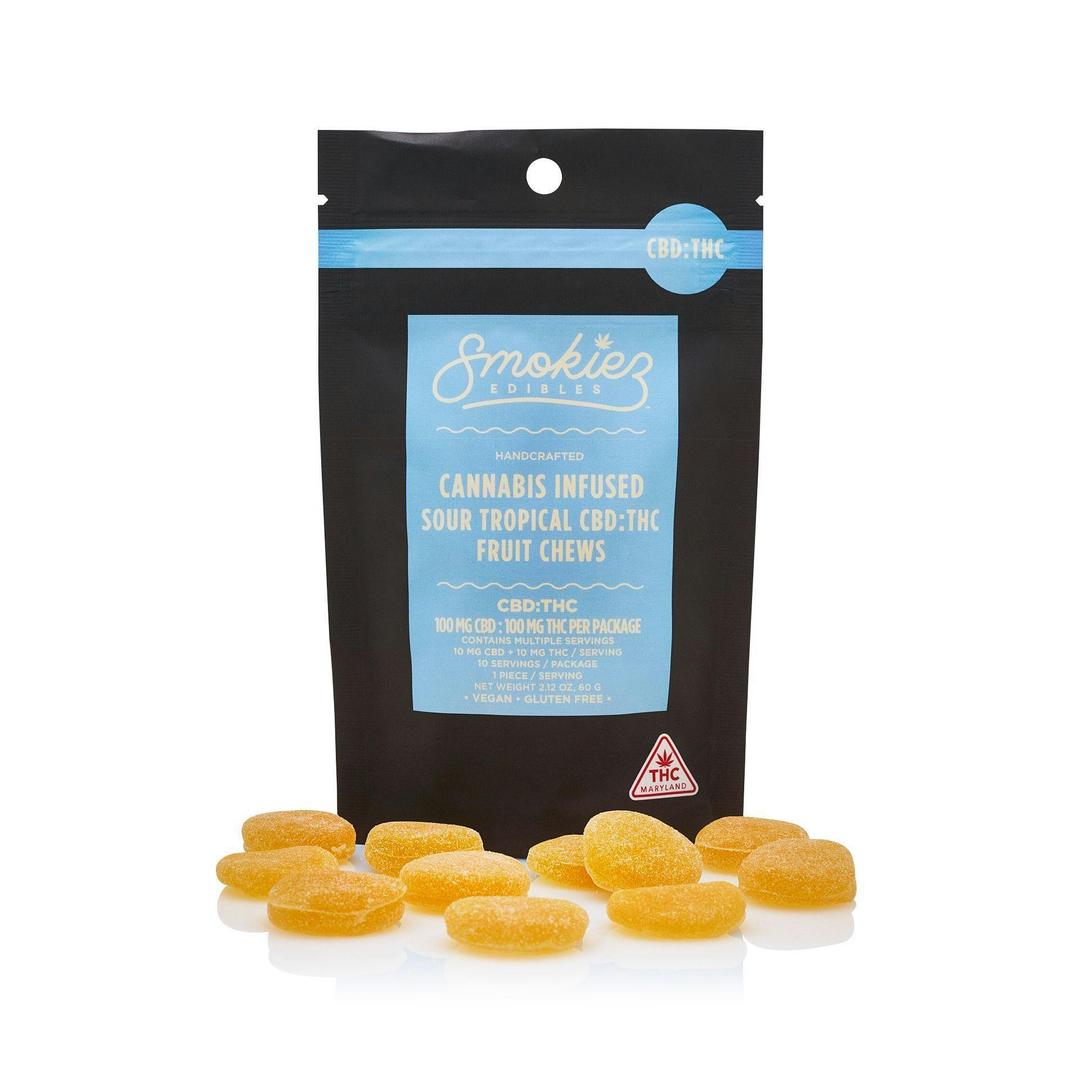 CBD:THC 1:1 Sour Tropical Fruit100mg CBD:100mg THC Fruit Chews