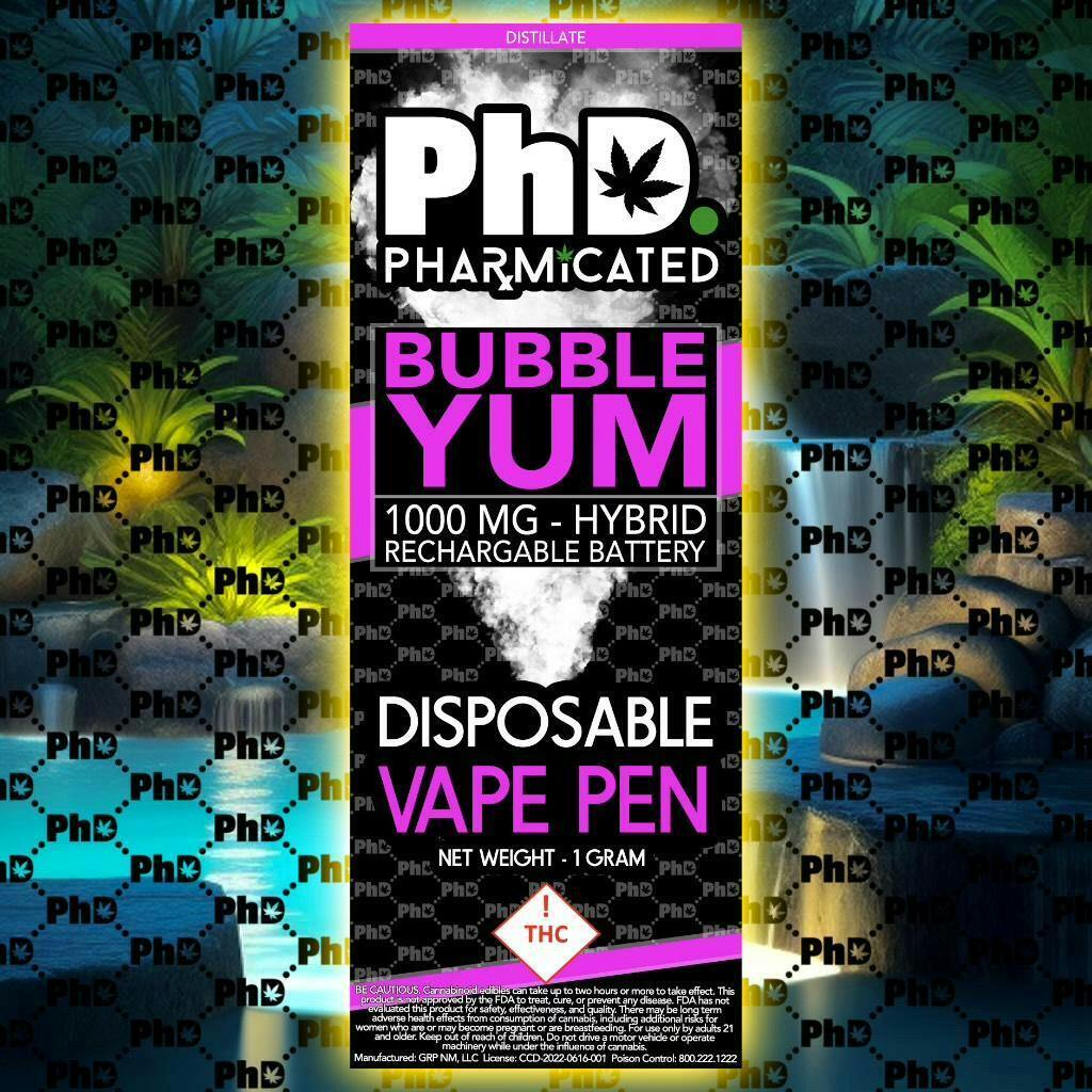 PhD Disposable D9 Vape Cart- 1000 mg - Bubble Yum (H)