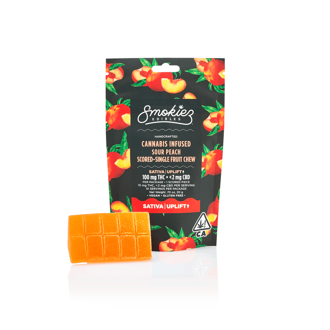 Sativa Sour Peach 100mg THC Fruit Chews - Scored Single Piece - CA