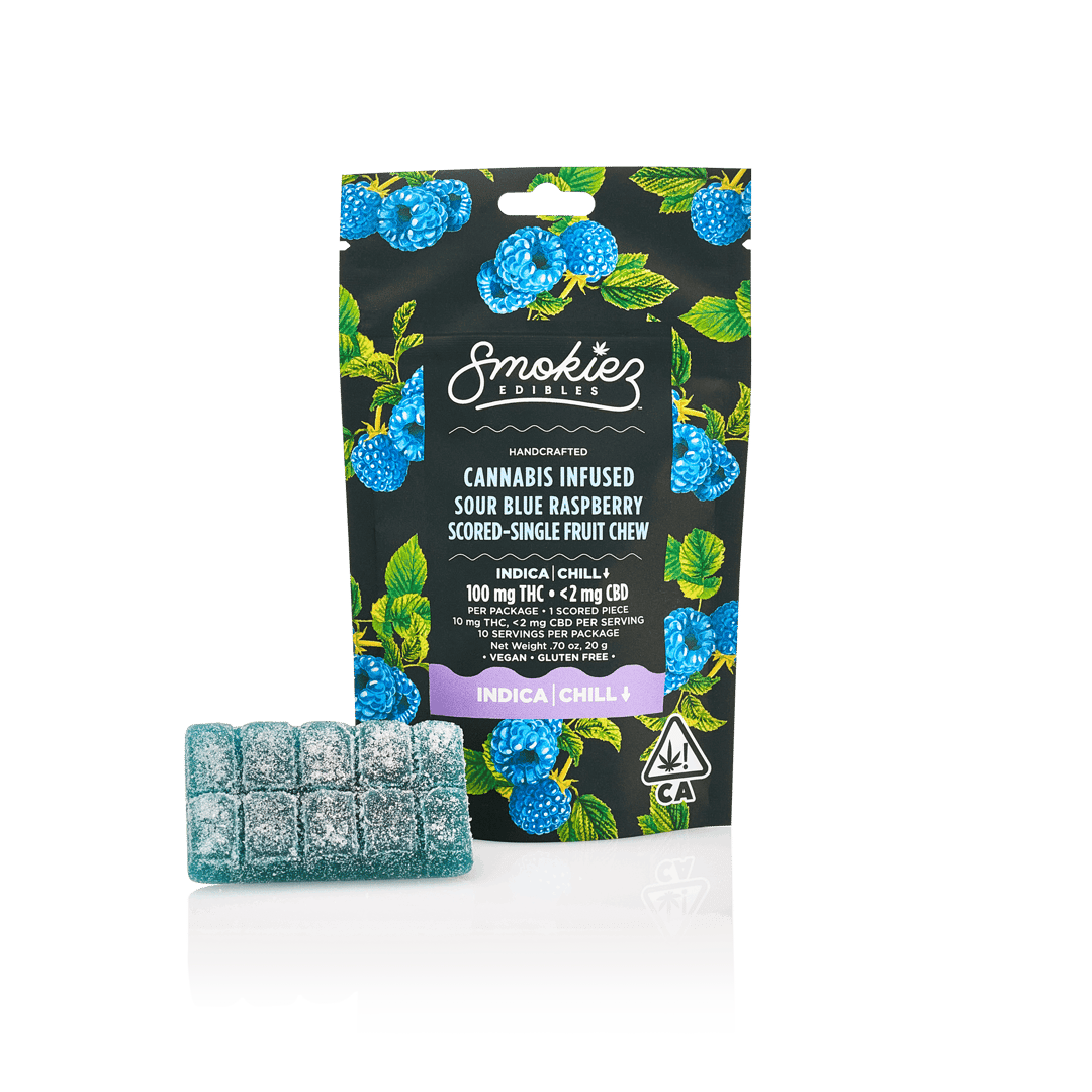 Indica Sour Blue Raspberry 100mg THC Fruit Chews - Scored Single Piece - CA