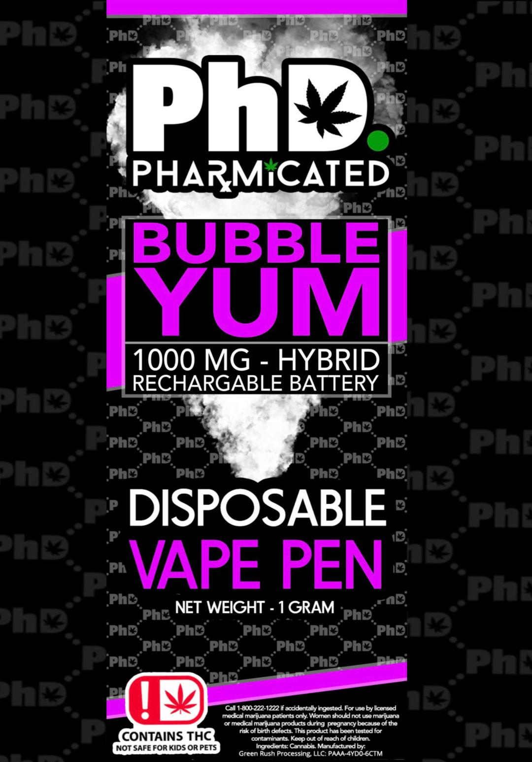 PhD Disposable D9 Vape Cart- 1000 mg - Bubble Yum (H)