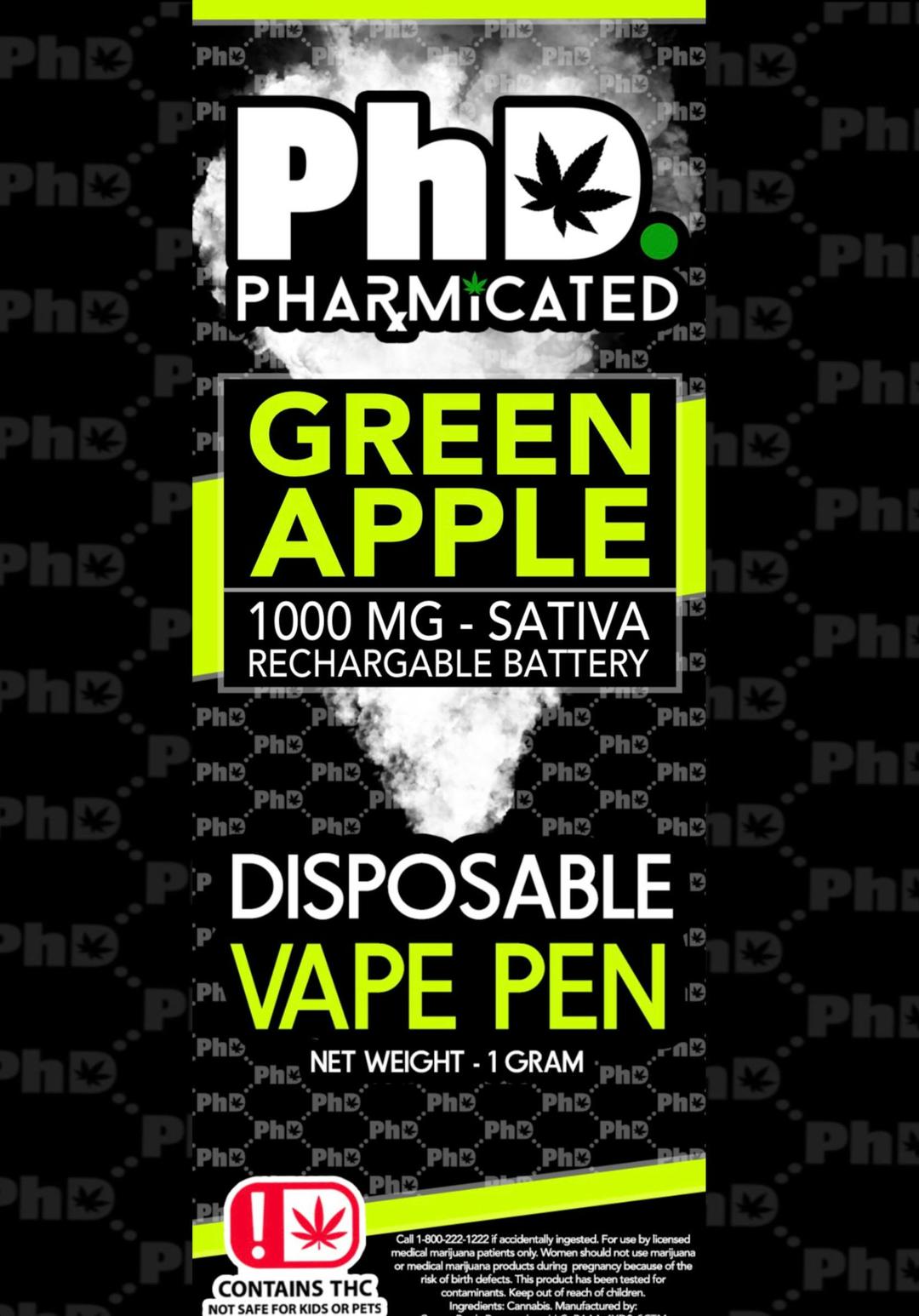 PhD Disposable D9 Vape Cart- 1000 mg - Green Apple (S)