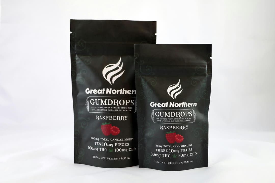 Great Northern Cannabis 100mg Raspberry Gum Drops (Sativa) 1:1 THC:CBD