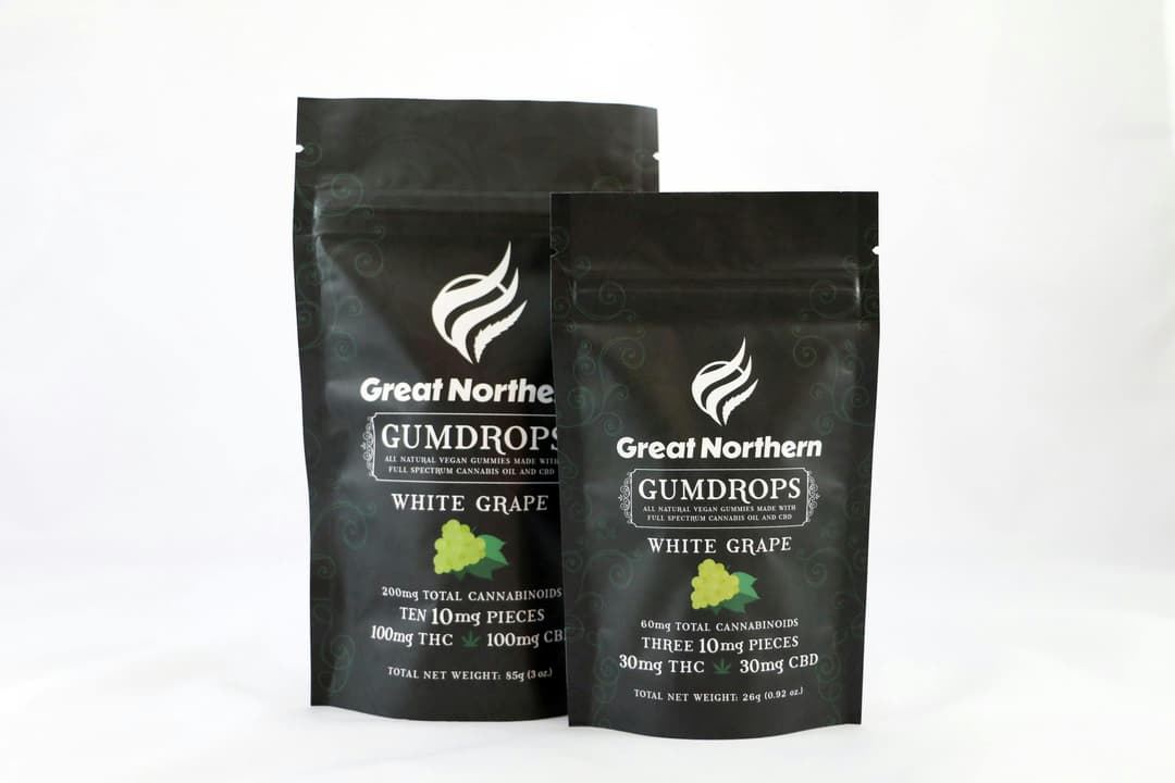 Great Northern Cannabis 100mg White Grape Gum Drops (Sativa) 1:1 THC:CBD