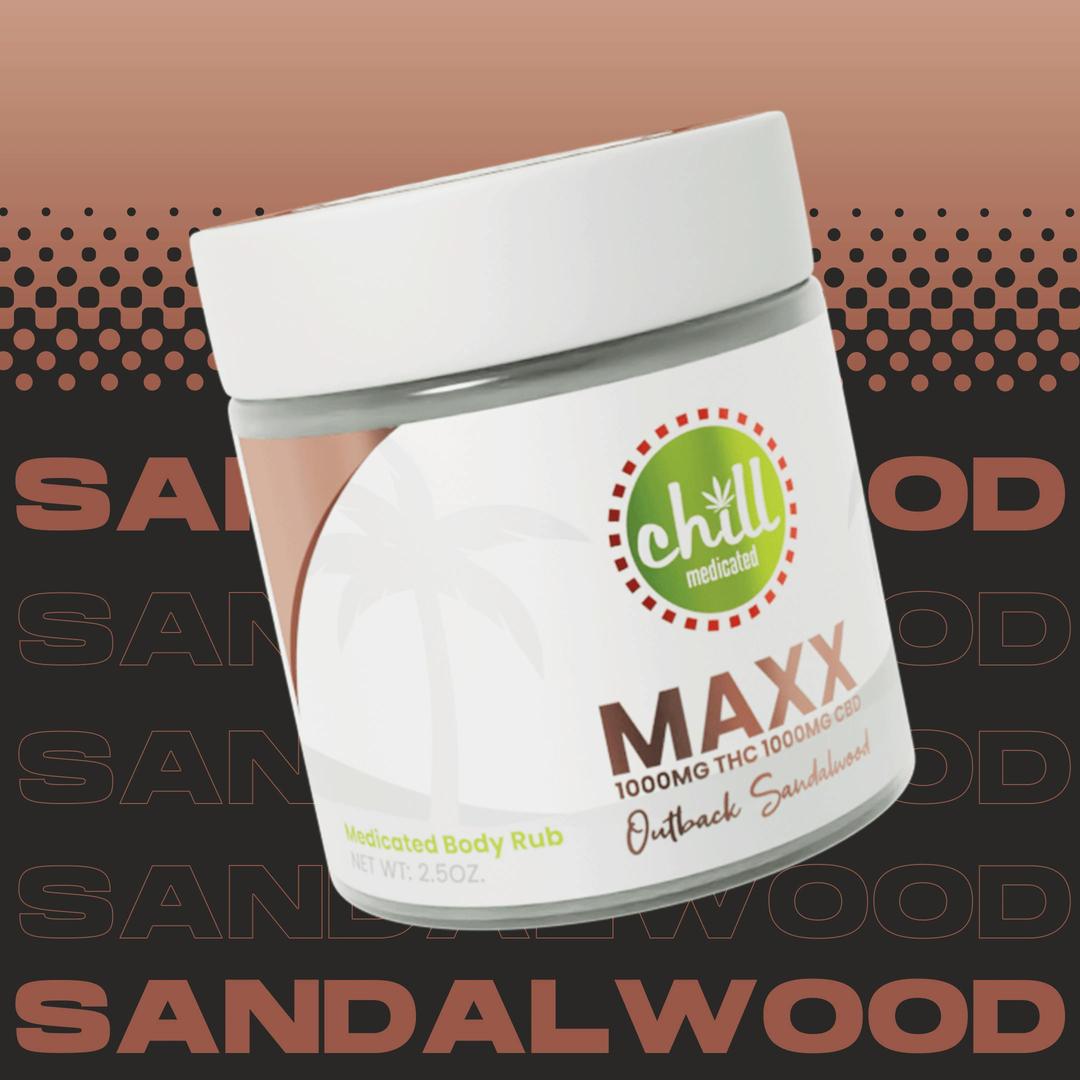 1000mg THC : 1000mg CBD | MAXX Outback Sandalwood Body Rub | MED