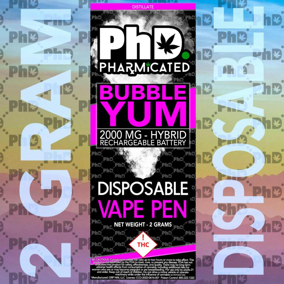 PhD Disposable D9 Vape Cart- 2000mg - Bubble Yum (H)