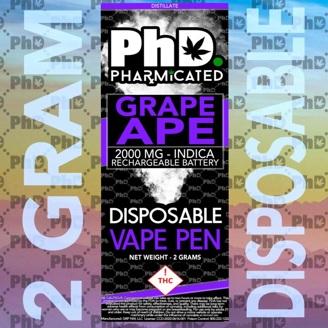 PhD Disposable D9 Vape Cart- 2000 mg - Grape Ape (I)