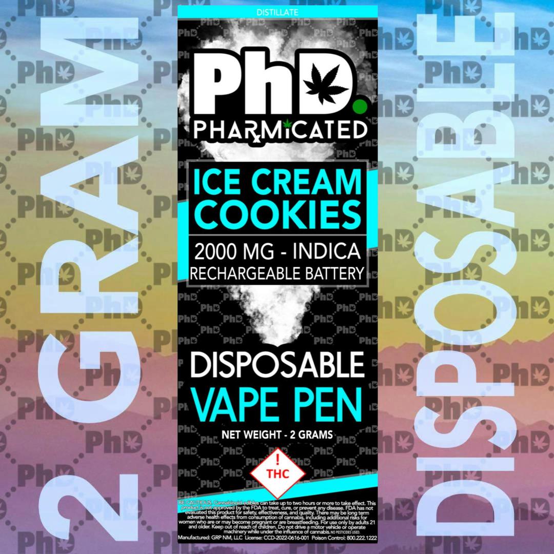 PhD Disposable D9 Vape Cart- 2000 mg - Ice Cream Cookies (I)
