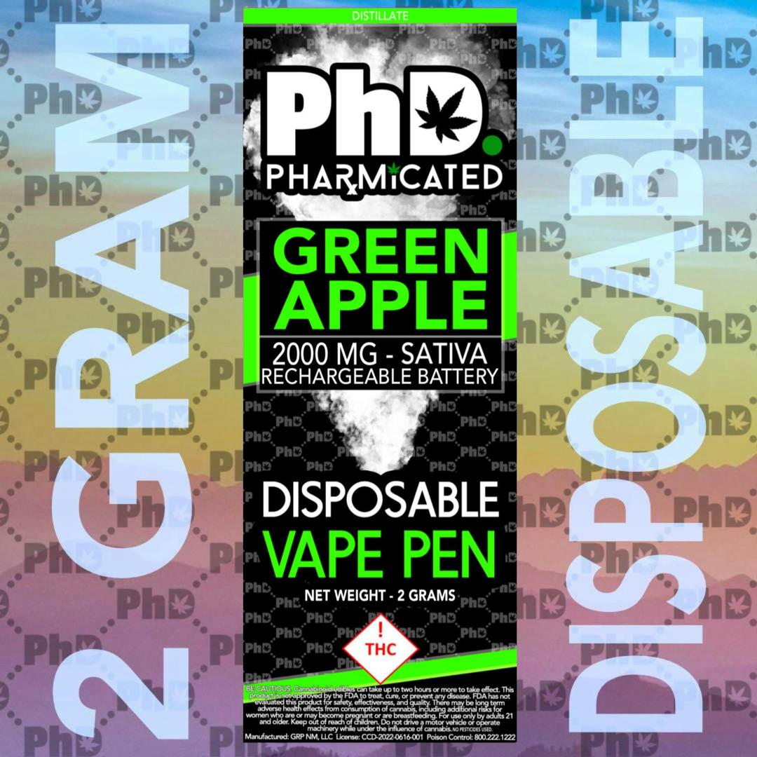 PhD Disposable D9 Vape Cart- 2000 mg - Green Apple (S)