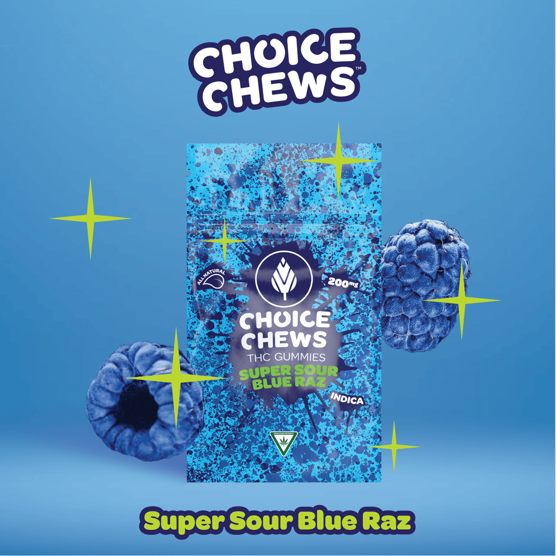 Choice Chews - Super Sour Blue Raz Gummies (Indica) - 200mg