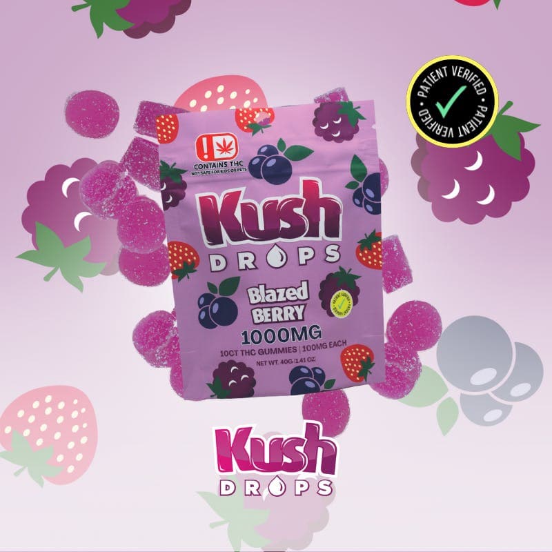Kush Drops Blazed Berry gummies. 1000mg THC per pack!