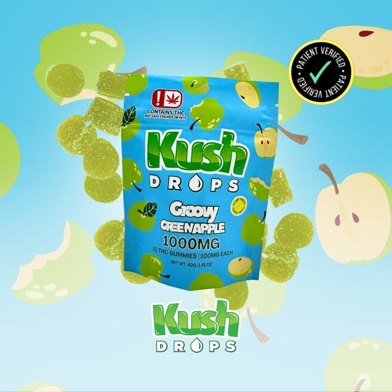 Kush Drops Groovy Green Apple gummies. 1000mg THC per pack!