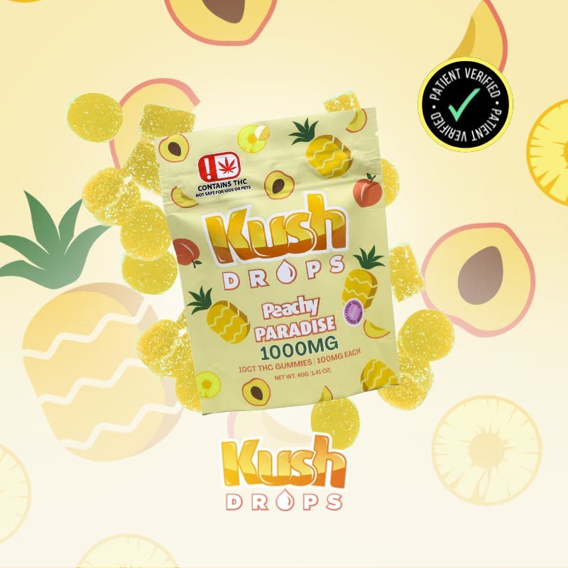 Kush Drops Peachy Paradise gummies. 1000mg THC per pack!