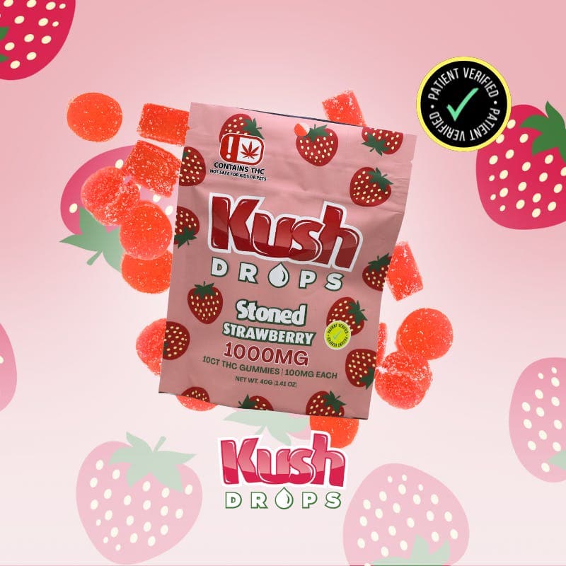 Kush Drops Stoned Strawberry gummies. 1000mg THC per pack!